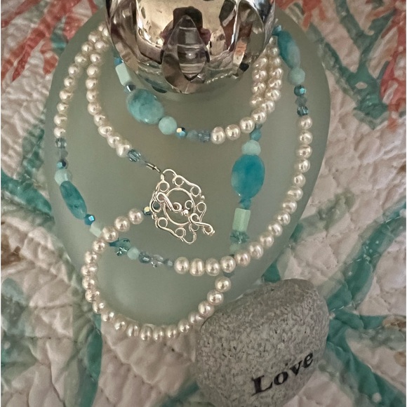 🌸🌸Pearl, Larimar & Swarovski 30” Necklace 🌸🌸 - Picture 4 of 12